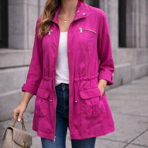 Chico’s Zenergy Pink Silk Utility Jacket Drawstring Waist Roll Tab Sleeves Sz 3